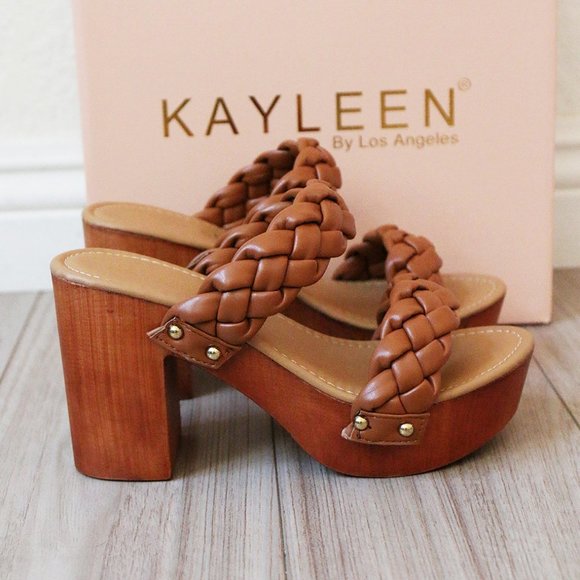 NEW Camel Braided Double Strap Platform Comfy Block Heel Slide On Sandals Shoes - Picture 2 of 10